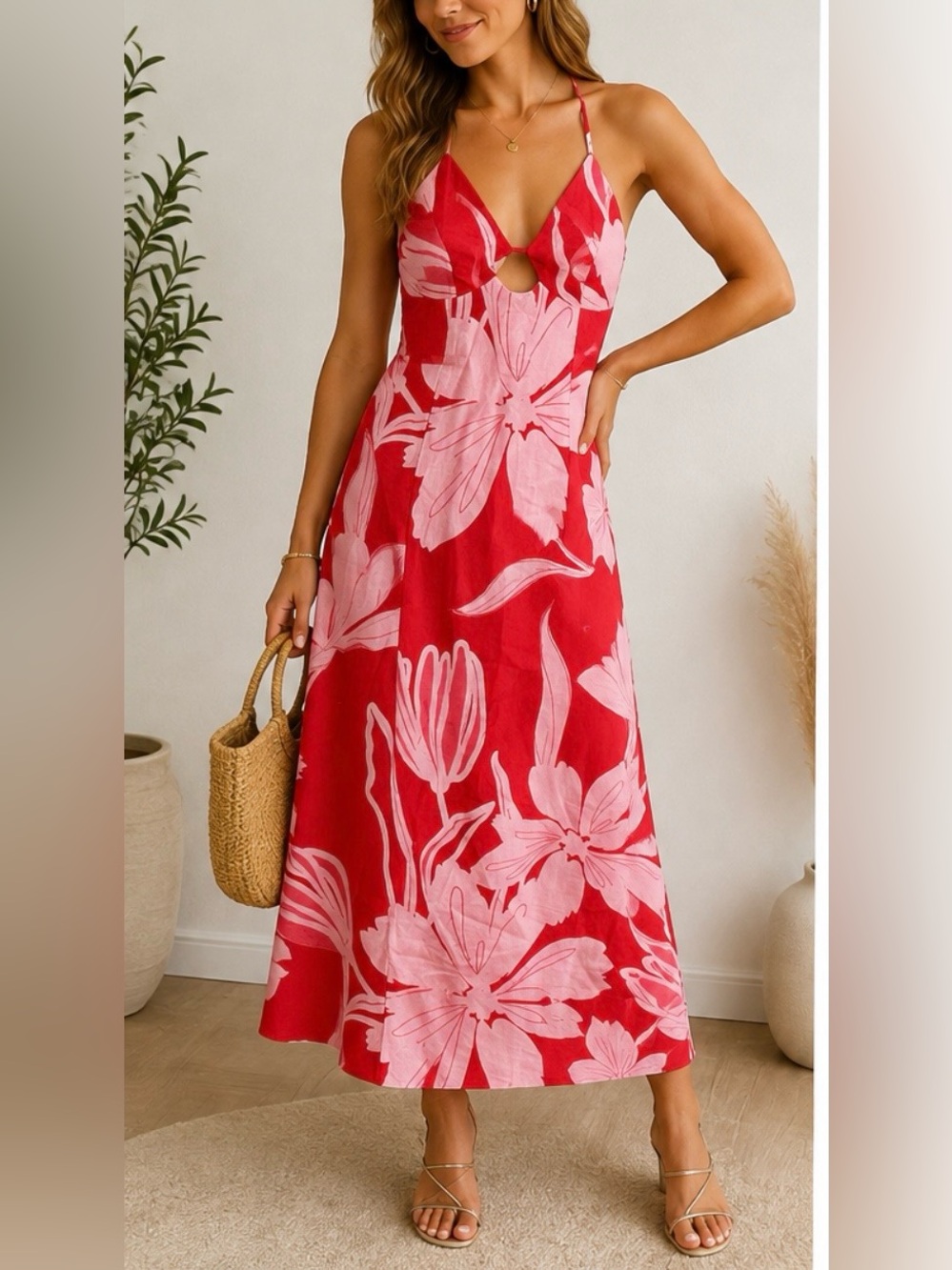 Calypso St. Barth Floral Maxi Dress Size 10 Red Pink Alter Vacation Linen Blend